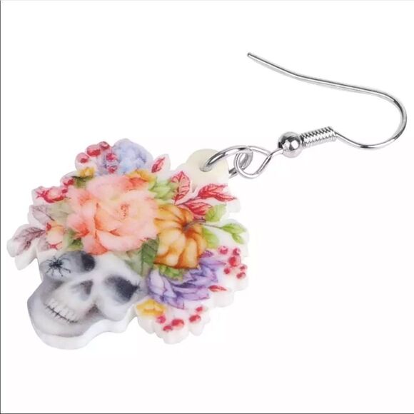 Skull with Floral Crown Lightweight Earrings Halloween Dia de los Muertos Sugar - Picture 2 of 5
